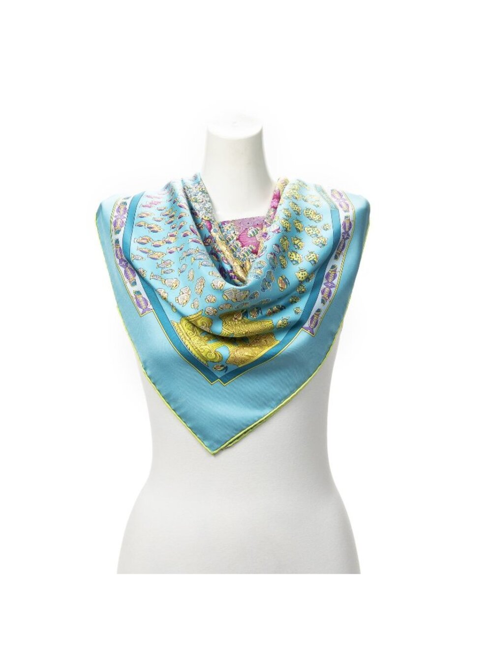 Hermes Scarf Light Blue Green Purple Twill Silk